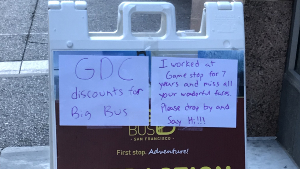 'GDC discounts for big bus. I worked at GameStop for 7 years and miss all your wonderful faces. Please drop by and say hi!!!'